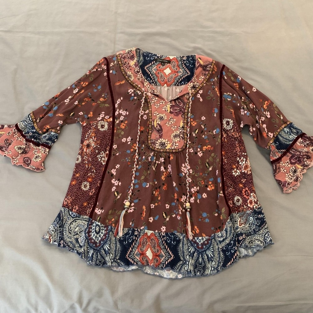 John Mark Blouse Womens Large Multicolor Floral Tassel 3/4 Bell Sleeve Tunic